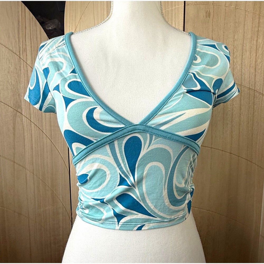 Garage Y2K Blue Swirl Print Wrap V-Neck Crop Top Tee Size Petite Small P/S